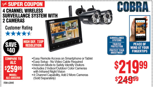 View 4 Channel Wireless Surveillance System with 2 Cameras