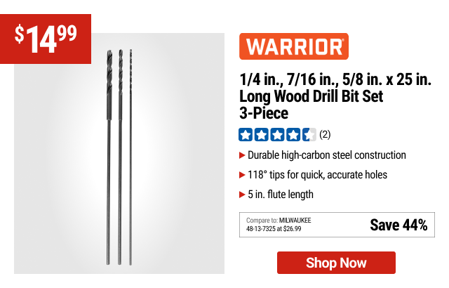 WARRIOR 1/4 in., 7/16 in., 5/8 in. x 25 in. Long Wood Drill Bit Set, 3-Piece