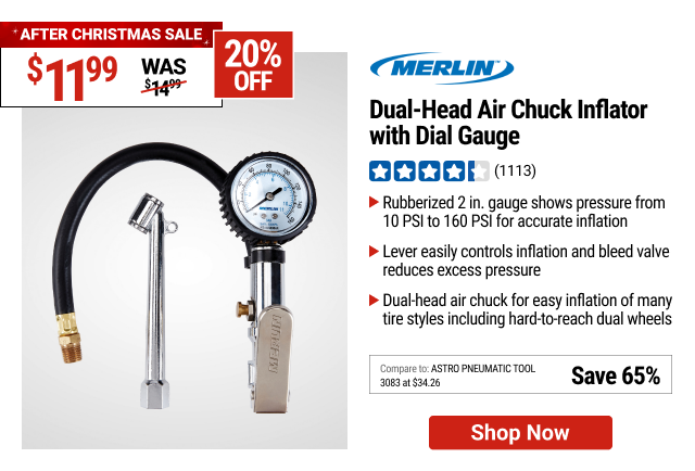 MERLIN Dual-Head Air Chuck Inflator with Dial Gauge