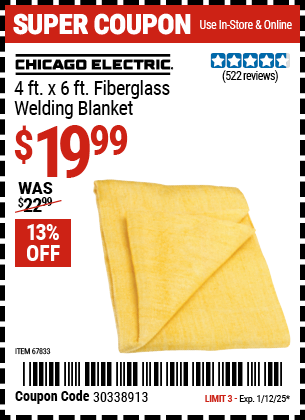 CHICAGO ELECTRIC 4 ft. x 6 ft. Fiberglass Welding Blanket