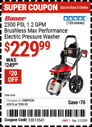 BAUER 2300 PSI, 1.2 GPM Brushless Max Performance Electric Pressure Washer