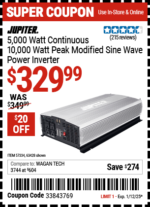 JUPITER 5000 Watt Continuous/10,000 Watt Peak Modified Sine Wave Power Inverter