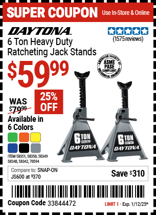 DAYTONA 6 Ton Heavy Duty Ratcheting Jack Stands