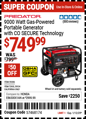 PREDATOR 9000 Watt Gas-Powered Portable Generator with CO SECURE Technology, EPA