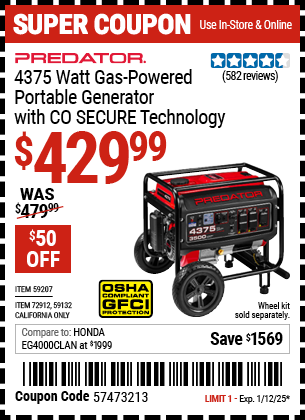 PREDATOR 4375 Watt Gas-Powered Portable Generator with CO SECURE Technology, EPA