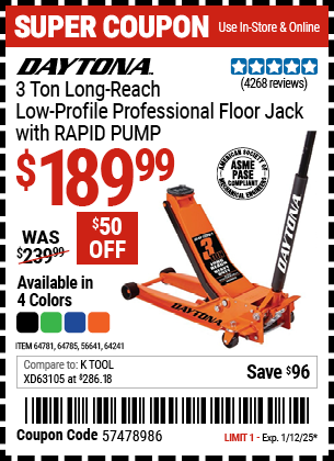 DAYTONA 3 Ton Long-Reach Low-Profile Professional Floor Jack with RAPID PUMP