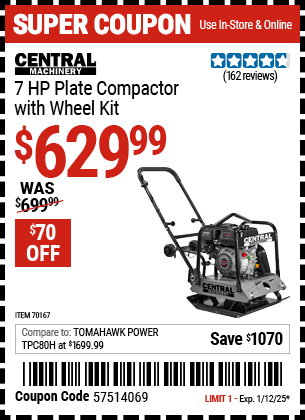 CENTRAL MACHINERY 7 HP Plate Compactor with Wheel Kit