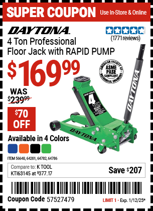 DAYTONA 4 Ton Professional Floor Jack with RAPID PUMP