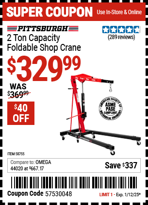 PITTSBURGH 2 Ton-Capacity Foldable Shop Crane