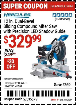 HERCULES 12 in. Dual-Bevel Sliding Compound Miter Saw with Precision LED Shadow Guide