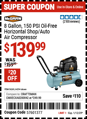 MCGRAW 8 Gallon, 150 PSI Oil-Free Horizontal Shop/Auto Air Compressor