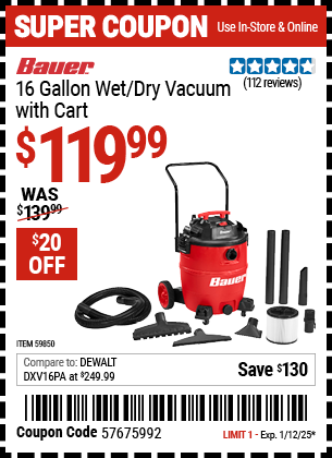 BAUER 16 Gallon Wet/Dry Vacuum with Cart