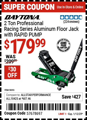 DAYTONA 2 Ton Professional Racing Series Aluminum Floor Jack with RAPID PUMP