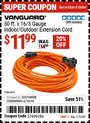 VANGUARD 50 ft. x 16/3 Gauge Indoor/Outdoor Extension Cord