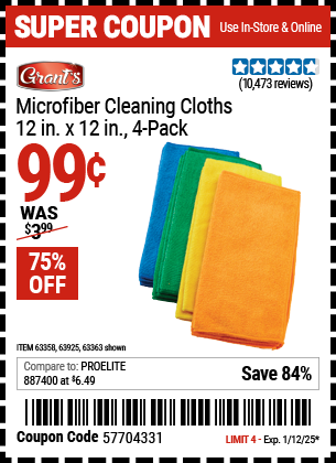 GRANT'S Microfiber Cleaning Cloth 12 in. x 12 in., 4-Pack