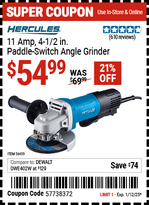 HERCULES 11 Amp, 4-1/2 in. Paddle Switch Angle Grinder