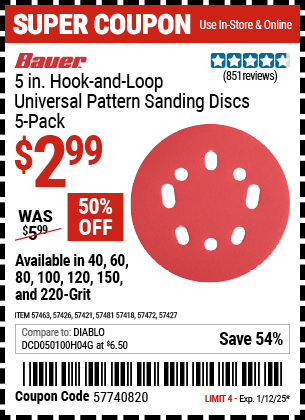 BAUER 5 in. 220 Grit Hook and Loop Universal Pattern Sanding Discs, 5 Pack