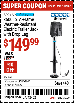 HAUL-MASTER 3500 lb. A-Frame Weather Resistant Electric Trailer Jack with Drop Leg