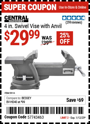 CENTRAL MACHINERY 4 in. Swivel Vise with Anvil