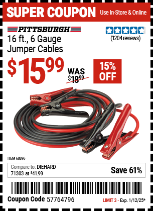 PITTSBURGH AUTOMOTIVE 16 ft. 6 Gauge Jumper Cables