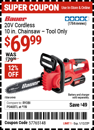 BAUER 20V Cordless 10 in. Chainsaw – Tool Only