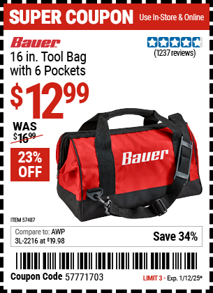 BAUER 16 in. Tool Bag with 6 Pockets