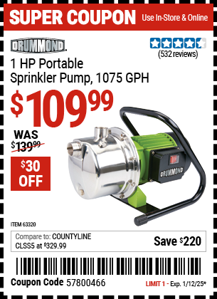 DRUMMOND 1 HP Portable Sprinkler Pump 1075 GPH