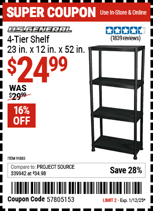 U.S. GENERAL 4-Tier Shelf, 23 in. x 12 in. x 52 in.