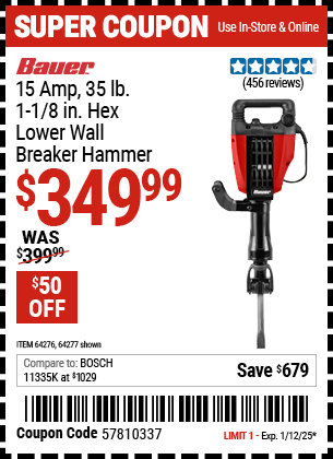 BAUER 15 Amp 35 lb. 1-1/8 in. Hex Lower Wall Breaker Hammer