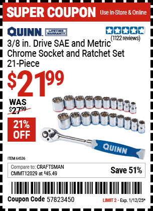 QUINN 3/8 in. Drive SAE and Metric Chrome Socket and Ratchet Set, 21-Piece