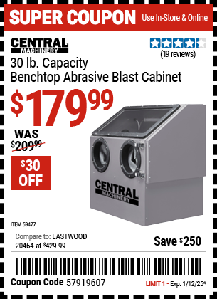 CENTRAL MACHINERY 30 lb. Capacity Benchtop Abrasive Blast Cabinet