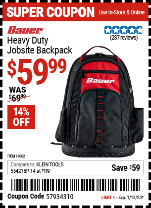 BAUER Heavy Duty Jobsite Backpack