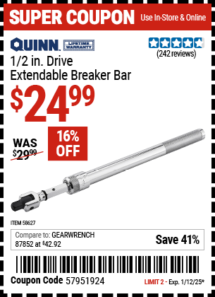 QUINN 1/2 in. Drive Extendable Breaker Bar