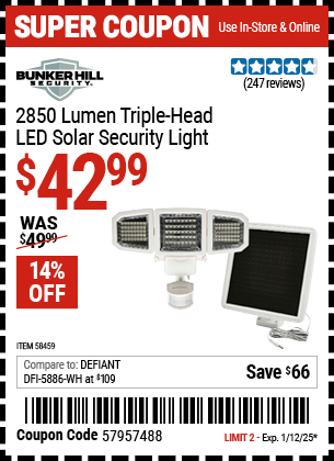 BUNKER HILL SECURITY 2850 Lumen Triple Head LED Solar Security Light