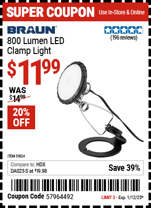 BRAUN 800 Lumen LED Clamp Light