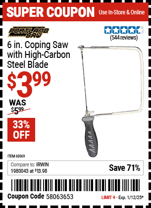 PORTLAND SAW 6 in. Coping Saw with High Carbon Steel Blade