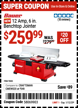 BAUER 12 Amp, 6 in. Benchtop Jointer