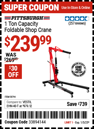 PITTSBURGH 1 Ton Capacity Foldable Shop Crane