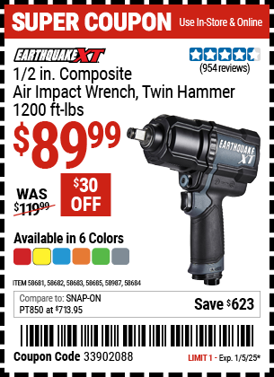 EARTHQUAKE XT 1/2 in. Composite Air Impact Wrench, Twin Hammer, 1200 ft-lbs