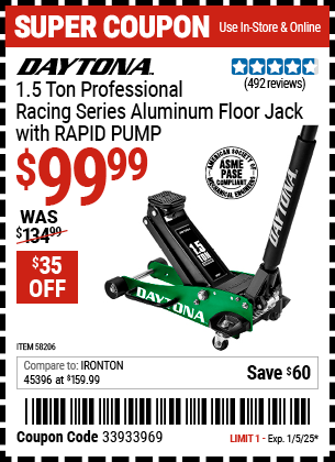 DAYTONA 1.5 Ton Professional Racing Series Aluminum Floor Jack with RAPID PUMP