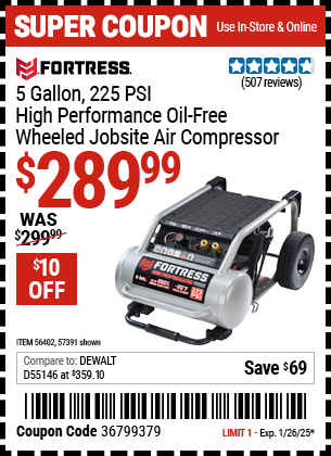 FORTRESS 5 Gallon, 225 PSI High Performance Oil-Free Wheeled Jobsite Air Compressor