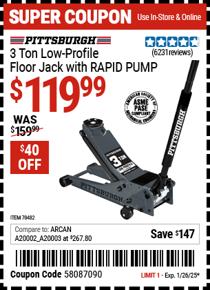 PITTSBURGH 3 Ton Low-Profile Floor Jack with RAPID PUMP