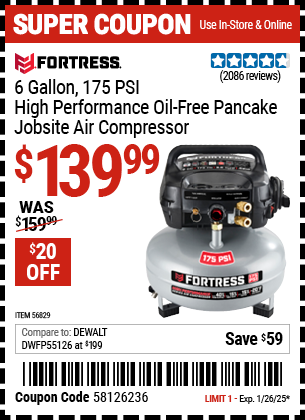 FORTRESS 6 Gallon, 175 PSI High Performance Oil-Free Pancake Jobsite Air Compressor