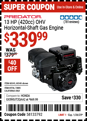 PREDATOR 13 HP (420cc) OHV Horizontal Shaft Gas Engine, EPA