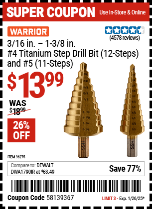 WARRIOR 3/16 in. – 1-3/8 in. #4 Titanium Step Drill Bit (12-Steps) and #5 (11-Steps)