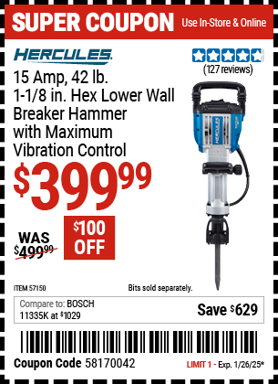 HERCULES 15 Amp 42 lb. 1-1/8 in. Hex Lower Wall Breaker Hammer with Maximum Vibration Control