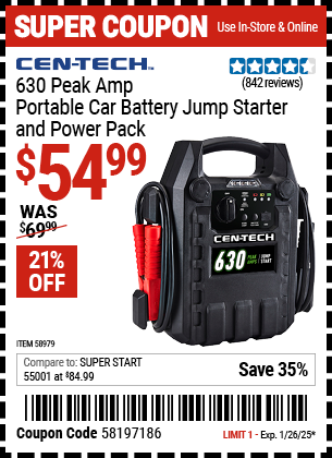 CEN-TECH 630 Peak Amp Portable Car Battery Jump Starter and Power Pack