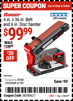 BAUER 4 in. x 36 in. Belt and 6 in. Disc Sander