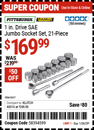 PITTSBURGH 1 in. Drive SAE Jumbo Socket Set, 21-Piece