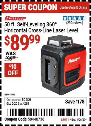 BAUER 50 ft. Self-Leveling 360° Horizontal Cross Line Laser Level